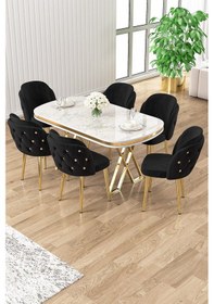 Resim Canisa Zae Serisi 90x168 Lak Panel Beyaz Mermer Desen Gold Ayak Masa Takımı 6 Siyah Sandalye Beyaz Mermer Desen Masa Sandalyeler Gri 