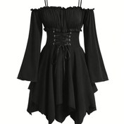 Resim Elegant Omuz Açık Gotik Elbise, Fırfırlı Etek ve Asimetrik Yüksek Bel - Düz Renk, Uzun Kollu, Polyester - İlkbahar/Yaz/Sonbahar İçin Mükemmel 