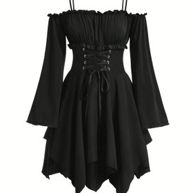 Resim Elegant Omuz Açık Gotik Elbise, Fırfırlı Etek ve Asimetrik Yüksek Bel - Düz Renk, Uzun Kollu, Polyester - İlkbahar/Yaz/Sonbahar İçin Mükemmel 