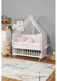 Resim Ahşap Beşik Anne Yanı Beşik Beyaz 60x120 - Pembe Balina Uyku Seti Yatak Tekerlekli Beyaz 