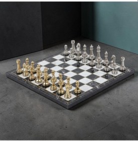 Resim Lüks Metal Satranç Takımı Krom Kaplama Klasik Gold Temalı Figür Siyah Mermer Desenli Tahta 20 Cm. 