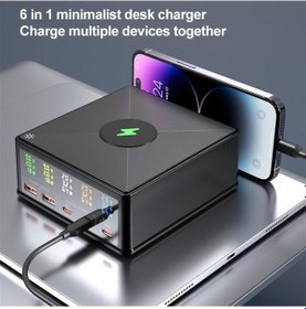 Resim 868h 160w Pd+qc3.0 5 Port + Kablosuz Şarj Bağlantı Noktalı Çok İşlevli Şarj Cihazı 