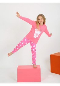 Resim Kız Çocuk Uzun Kollu Fiyonklu Ayıcık Model Pijama Takımı Fuşya 
