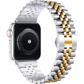 Resim Forzacase Apple Watch 7 45mm İle Uyumlu Rolex Tasarım Metal Kordon Kayış - Fc878 Gümüş - Gold 