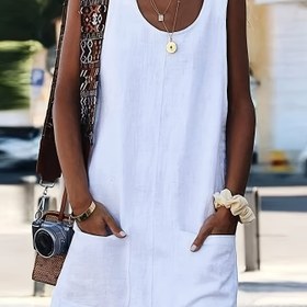 Resim Şık Beyaz Kolsuz Cep Elbise - Rahat Pinafore Stili, Ayarlanabilir İnce Askılar, Pürüzsüz Polyester Kumaş, Bahar/Yaz/Sonbahar için Mükemmel, Kadınların Çok Yönlü Kıyafeti, Sevimli Elbise 