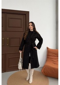 Resim Neşeli Butik Kadın Siyah Kuşaklı Reglan Kol Düğmeli Premium Kaşe Kaban Nbkbn01 Siyah 
