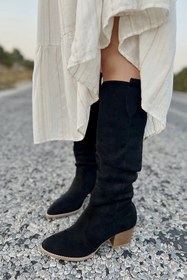 Resim POLKA STORE Desert Uzun Diz Altı Western Süet Siyah Kadın Körüklü Kovboy Çizme 