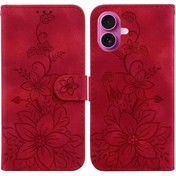 Resim İpohone Uyumlu 17 İçin Mıknatıslı Kabartmalı Lily Cüzdan Kartlık Standlı Flip Kılıf 