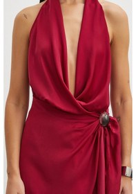 Resim Uterpe Halter Yaka Derin V Dekolteli Mini Elbise Bordo 