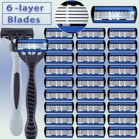 Resim 2 Sap + 36 Bıçak, 6 Katmanlı Manuel Güvenlikli Tıraş Bıçağı Erkekler ve Kadınlar için, Paslanmaz Çelik Değiştirilebilir Tıraş Aleti 6 Katmanlı Bıçaklarla 