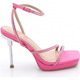 Resim Dgn 1278 Kadın Taş İp Detayli Bilekten Kemerli İnce Topuklu Ayakkabi Fuşya Saten 