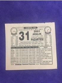 Resim 31 Aralık 2001 Takvim Yaprağı - Nostalji Koleksiyonluk Takvim Yaprağı 