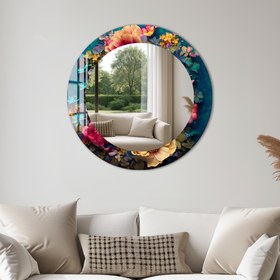 Resim Bahar Kenarı Cam Tablo Yuvarlak Ayna - Siyah / 80 cm 