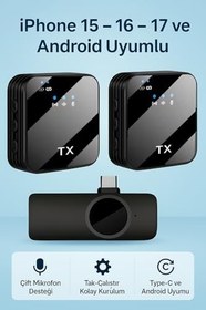 Resim Coverzone Kablosuz Yaka Mikrofonu Çift Mikrofon iPhone 15 16 17 ile Uyumlu TYPE-C Portlu Telefon PC Tablet Video Kayıt Röportaj Canlı Yayın Vlog Kablosuz Mikrofon | 1027 