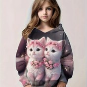 Resim Kawaii Hayvan Kedi Kapüşonlu 3D Baskı Sonbahar ve Kış Spor Sweatshirt Kızlar İçin, Orijinal Sokak Giyim Sweatshirt İki Kedi ve Çiçek Taçlı, Normal Beden, Rahat Açık Parti Doğum Günü Festivali Kapüşonlu Kazak 