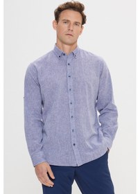 Resim AC&Co / Altınyıldız Classics Erkek Lacivert Comfort Fit Rahat Kesim Düğmeli Yaka Casual Keten Gömlek 4A2022200085LACXL Lacivert 
