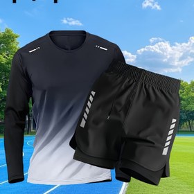 Resim 2 adet Set Uzun Kollu + Dar Çift Katmanlı Şort Anti-Şüphe Gradyan Üst Fitness Egzersiz Dar Set 