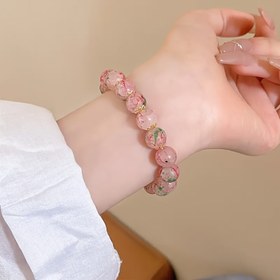 Resim 1 Adet Şık Sakura Kiraz Çiçeği Cam Boncuk Bilezik - Pembe & Yeşil Çiçek Desenli Altın Vurgulu, Günlük Kıyafetler İçin Yüksek Kaliteli Cam Boncuklar, Kadınlar için Noel Hediyesi, Yıl Boyu Takı Aksesuarı 