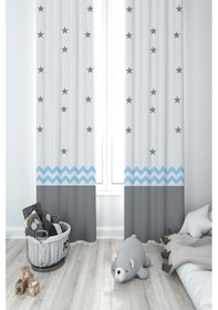 Resim Mekta Home Bebek Ve Çocuk Odası Gri Mavi Yıldız Desenli 2 Kanat Fon Perde 
