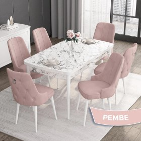 Resim Canisa Concept Noa Serisi,80 x 132 cm Açılabilir Mdf Masa,beyaz Mermer Desen Mutfak Masa Takımı, 6 Sandalye Gümüş Halkalı 