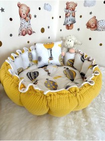 Resim Yuvarlak Yatak/oyun Minderi Ve Yastigi Hardal Pikeli Ve Poplin Desenli 