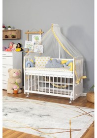 Resim Ahşap Beşik Anne Yanı Beşik Beyaz 60x120 - Sarı Mavi Örgü Uyku Seti Seti + Yatak + Tekerlekli Beyaz 