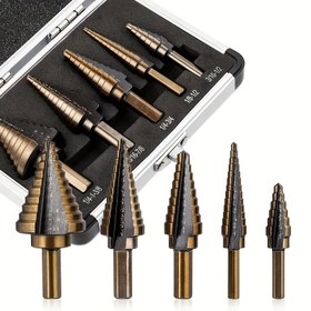 Resim 5 adet Karbon Çelik Siyah Düzenli Baş Adım Matkap Seti, HSS Kobalt Titanyum Konik Koni, Çoklu Delik 50 Boyut, Alüminyum Kılıf, Elektrikli Matkap ile, İnşaat, Ahşap, Metal için 