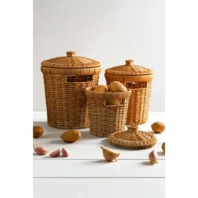 Resim Özbience 3'lü Rattan Sebze ve Soğanlık Seti, Kapaklı Düzenleyici Organizatör 