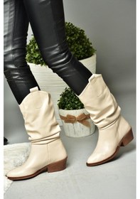 Resim Fox Shoes R280080509 Bej Alçak Topuklu Büzgülü Kadın Çizme Bej 