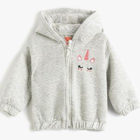 Resim Kız Bebek Kapşonlu Fermuarlı Hırka Kapitone Unicorn İşleme Detaylı Manşetleri ve Beli Lastikli 