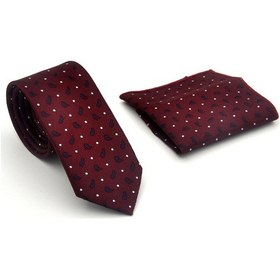 Resim Gaffy Beyaz Lacivert Desenli Bordo Dokuma Kumaş Mendilli Slim Fit Kravat // Sdk-2612-4 Bordo 