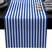 Resim 1 adet Şık Mavi ve Beyaz Çizgili Masa Koşusu - Modern Geometrik Tasarım, Rustik Tarz, Polyester Kumaş, Mutfak, Yemek Odası, Partiler, Ev Dekoru, Dolaplar, Doğum Günleri ve Tatil Süslemeleri için Mükemmel, Masa Dekoru 