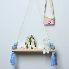 Resim Orijinaldükkan Dekoratif Mavi Püsküllü Toplu Çocuk Odası Ahşap Duvar Rafı 