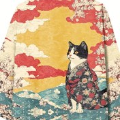 Resim Erkek Casual Kimono Kardigan Kedi ve Bulut Baskısı, 7-Çeyrek Kollu, Hafif Polyester, Makine Yıkamalı, Yaz Modası Gevşek Japon Tarzı Bornoz, Ön Açma Tasarımı, Rastgele Renk 