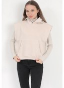 Resim Kadın Bej Kolsuz Kapüşonlu Kanguru Cepli Oversize 3 İp Sweatshirt Hoodie - 2522 Taş 