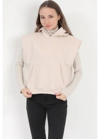 Resim Kadın Bej Kolsuz Kapüşonlu Kanguru Cepli Oversize 3 İp Sweatshirt Hoodie - 2522 Taş 