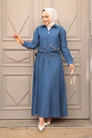 Resim N.S NEVA STYLE Fermuarlı İndigo Mavisi Tesettür Etekli İkili Takım 44751IM 