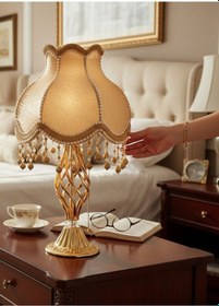 Resim Gold İpek Kadife Kaplı İnci Şerit Süsleme Gece Lambası Abajur Vintage Model 55x30cm Ab0004p Gold 