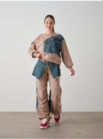 Resim Zekids Kız Çocuk Kışlık Denim Garnilli 3 İplik Tasarım Pantolon-14776 Camel 