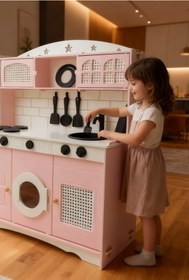 Resim hedefixtoys Ahşap Oyuncak Mutfak Seti - Pembe | Çocuk Oyun Mutfağı, Led ve Aksesuar Dahil | Montessori Rol Oyun 