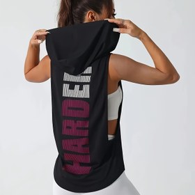 Resim Kadınlar İçin Şık Baskılı Kapüşonlu Atlet – Kolsuz, Esnek Polyester, Makinede Yıkanabilir, Spor Tasarım ve “HARD” Grafikli, İlkbahar/Yaz Egzersizleri İçin İdeal 