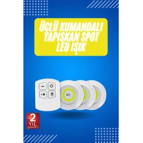 Resim Yapışkanlı 3'lü Spot LED Işık Lamba Montajsız Pilli Uzaktan Kumandalı 
