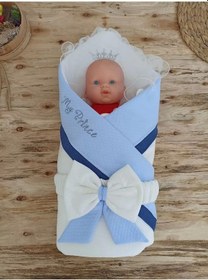 Resim Yenidoğan Bal Peteği My Prince Taç Nakışlı Delüks Kundak Bebek Battaniyesi Mavi Mavi 