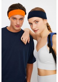 Resim 2'li Pamuklu Penye, Kaymaz, Terletmez, Ultra Hafif, Spor Saç Bandı Bandana - Tek Ebat / Turuncu-lacivert Turuncu-lacivert 