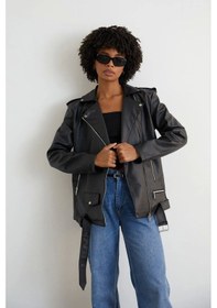 Resim Genculus Uzun Deri Ceket Kadın Oversize Kesim Kemerli Model Çok Renkli 