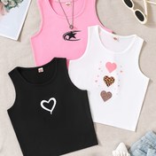 Resim 3'lü Kız Çocuk Yazlık Atletler - Spor ve Günlük, Esnek Polyester Karışımı, Makinede Yıkanabilir, Yuvarlak Yaka Kolsuz Gömlekler Benzersiz Kalp Tasarımlı 