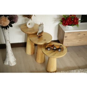 Resim Wood Wooden 3'lü Set Fitilli Mantar Yan Sehpa Modern Ahşap Renk Parlak Vernikli Fiskos Ahşap 