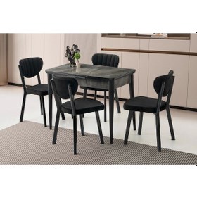 Resim Kelebek Ahşap Salon Yemek Masa Sandalye Takımı 4 Sandalyeli Ortadan Açılır Büyüyen Mermer Desen 