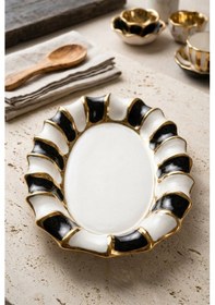 Resim Lüks Dalgalı Kenar Porselen İkram Tabağı 36x23 Cm Oval Sunumluk Siyah-beyaz Beyaz - Altın 