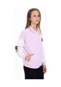 Resim Toontoy Kız Çocuk Mavi Kolej Yaka Çıtçıt Kapama Düşük Omuz Nakış Baskılı Renk Bloklu Örme Hırka - 2 İplik Şardonlu Açık Lila 